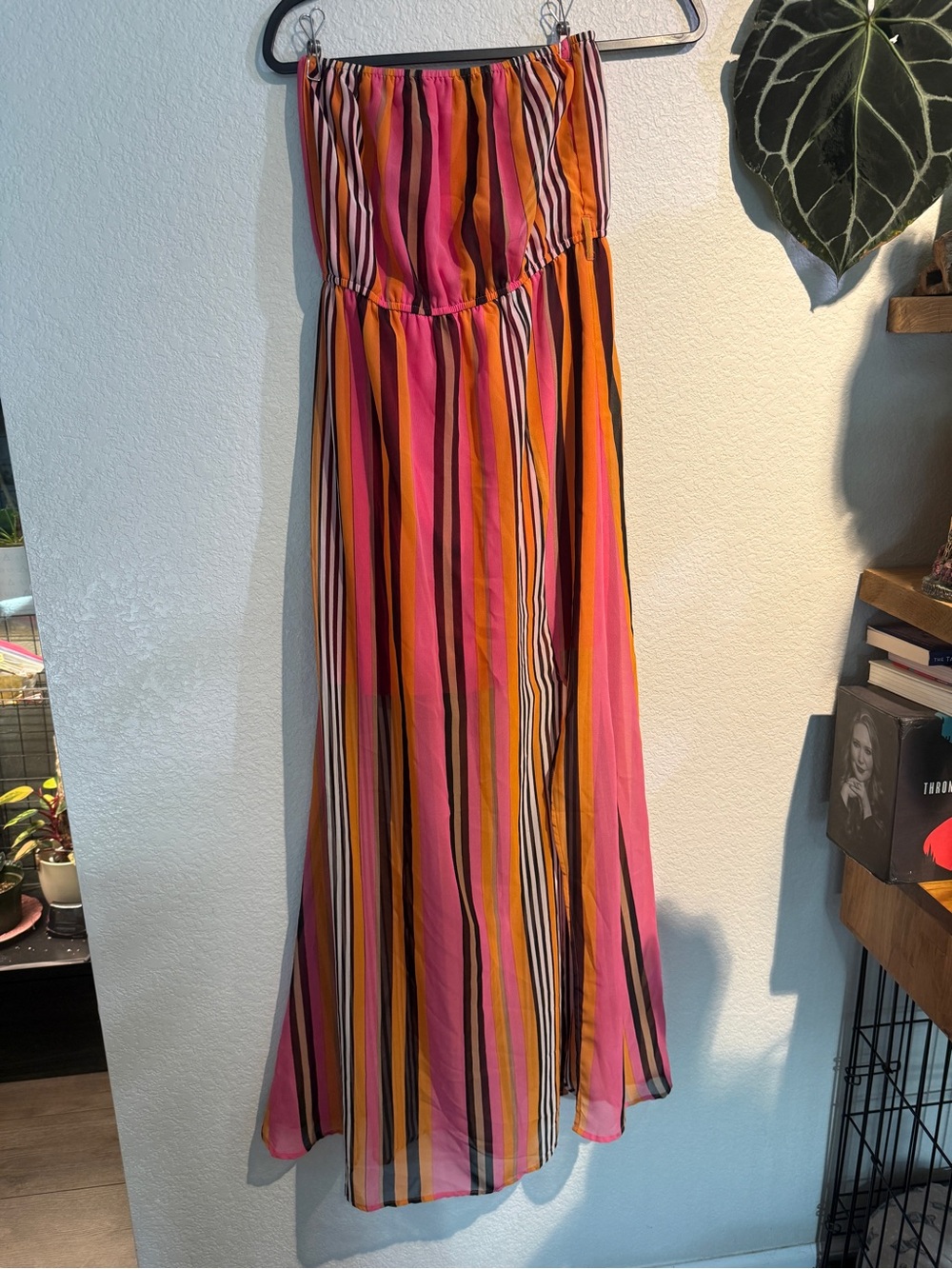 Silk Blend Striped Pink & Orange Strapless Romper Jumpsuit